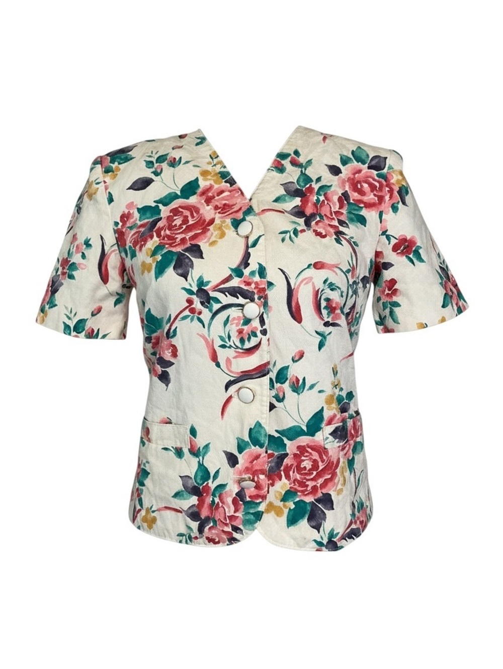 Vintage Floral Button-Up Blouse with V-Neck and Short Sleeve